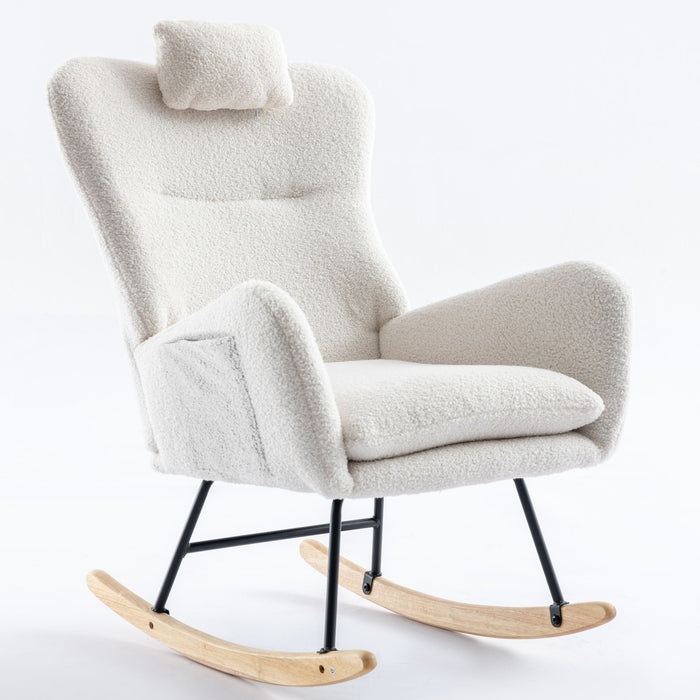 Rocking Chair With Pocket, Soft Teddy Fabric Rocking Chair For Nursery, Comfy Wingback Glider Rocker With Safe Solid Wood Base