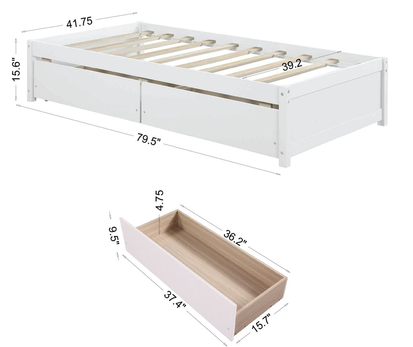 Twin Bed With 2 Drawers, Solid Wood, No Box Spring Needed