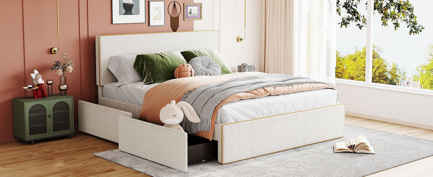 Upholstered Platform Bed With 4 Drawers And Edge On The Headboard & Footboard