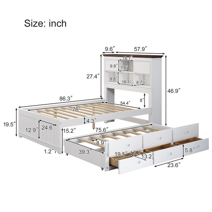 Full Solid Pine Captain Bookcase Bed With Trundle Bed And 3 Spacious Under Bed Drawers In Casual - White / Walnut