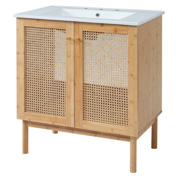 Bathroom Vanity Crafted From Natural Materials, Featuring Handmade Rattan Doors And Soft-Closing Mechanisms - Light Brown