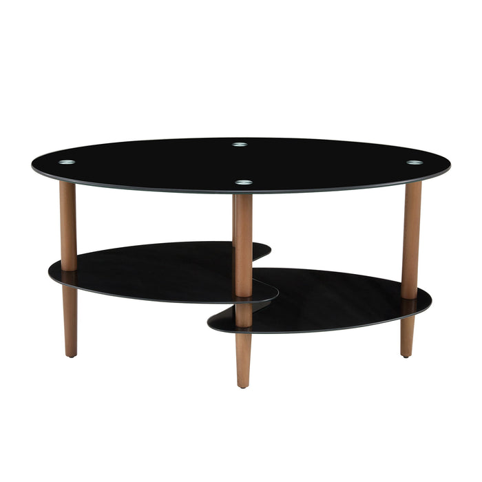 Oval Glass Coffee Table, Modern Table In Living Room Oak Wood Leg Tea Table 3-Layer Tempered Glass Table - Brown / Black