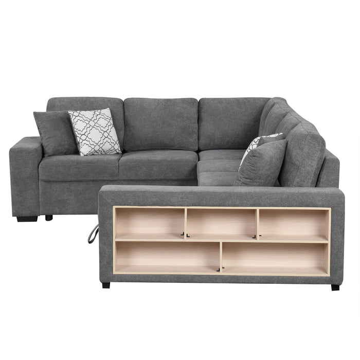 U-Shaped Sectional Sofa Pull-Out Sofa Bed With Two USB Ports, A Storage Chaise Lounge And Four Back Pillows For Living Room