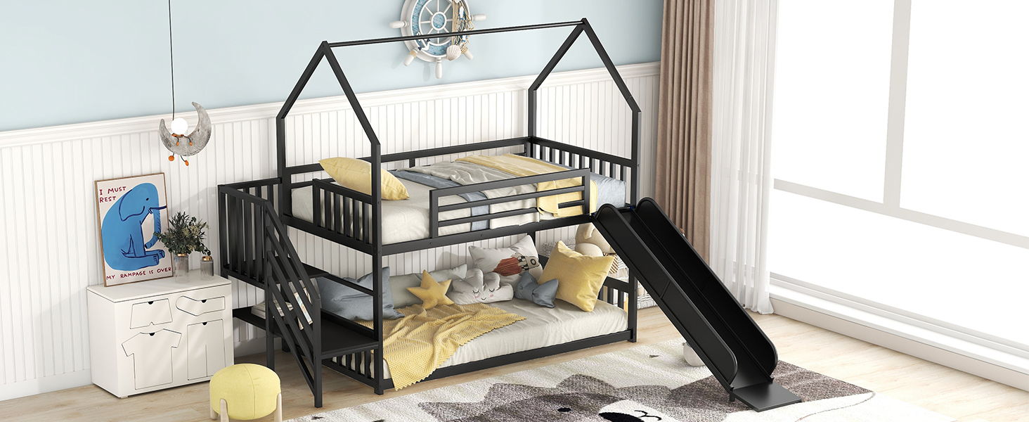Twin Size Metal Bunk Bed House Bed With Slide And Staircase - Black