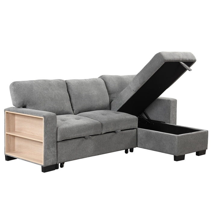 Stylish And Functional Light Chaise Lounge Sectional With Storage Rack Pull-Out Bed Drop Down Table And USB Charger