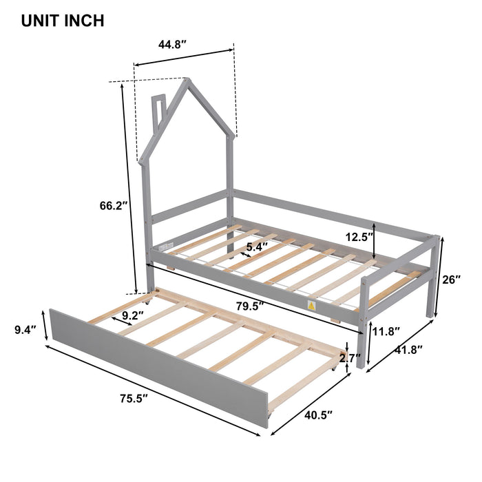 House Wooden Daybed With Trundle, House-Shaped Headboard Bed With Guardrails