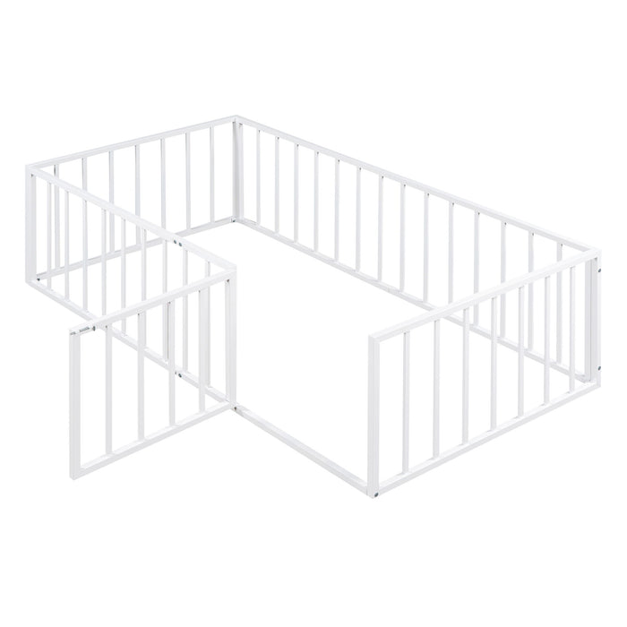 Metal Floor Bed Frame With Fence And Door - Black