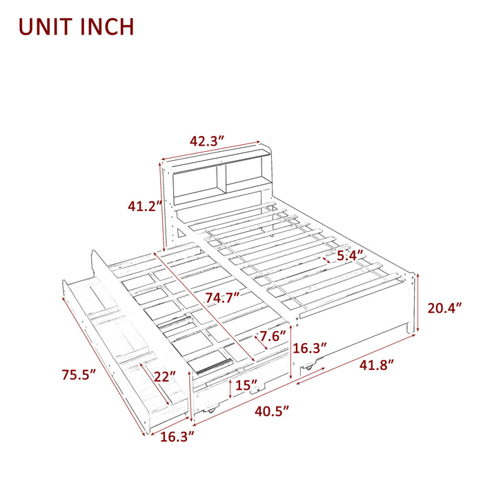 Twin Bed With Bookcase, Twin Trundle, Drawers - Espresso