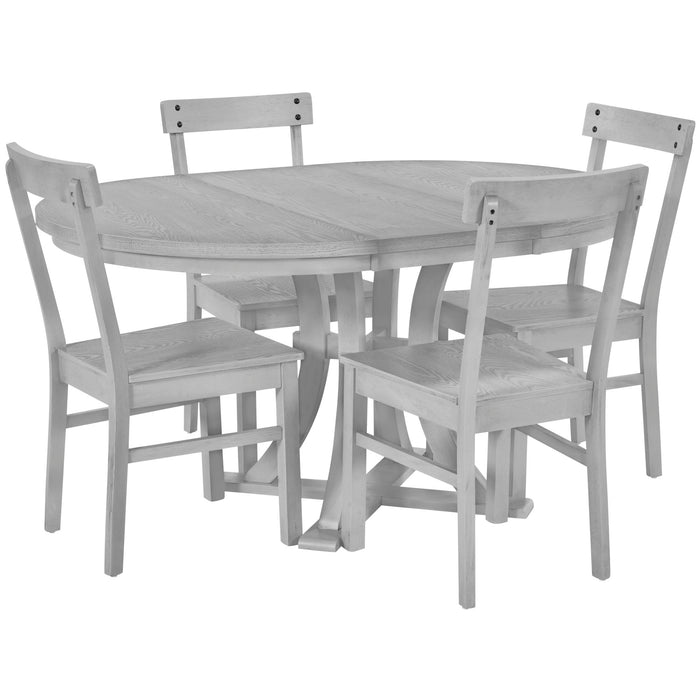 Topmax - 5 Piece Rustic Round Pedestal Extendable Dining Table Set With 15.7" Removable Leaf And Simple Dining Chirs For Small Places