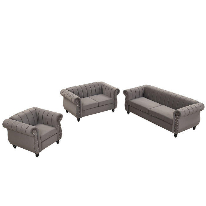 Modern Three Piece Sofa Set With Solid Wood Legs, Buttoned Tufted Backrest - Frosted Velvet Upholstered Sofa Set Including Three Seater Sofa, Double Seater And Living Room Furniture Set Single Chair