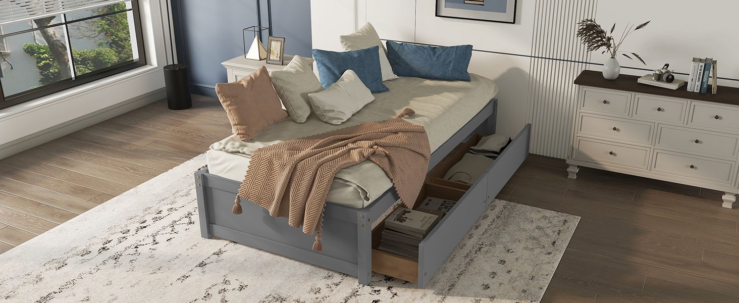 Twin Bed With 2 Drawers, No Box Spring Needed - Gray