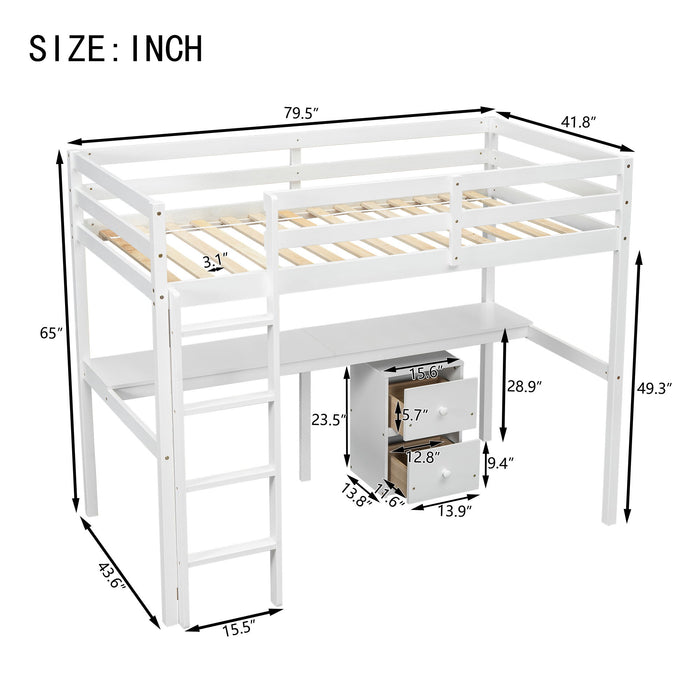 Loft Wood Bed With Under-Bed, Built-In Desk, A Storage Cabinet Of 2 Drawers, Guardrails, Ladder