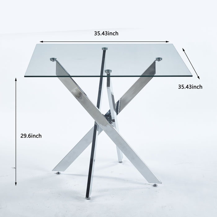 Dining Table With Cross Metal Leg And Tempered Glass, Modern Space Saving Kitchen Table For Living Room Legs, Square Table