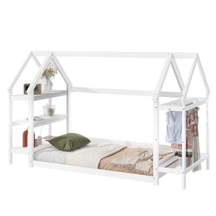 Wood House Bed With Storage Shelf And Hanger, Kids Bedroom Set