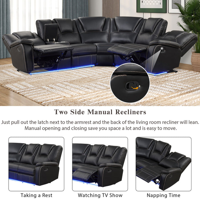 Modern Faux Leather Manual Reclining With Center Console With LED Light Strip, Living Room Furniture Set, PU Symmetrical Couch With 2 Cup Holders And Storage For Living Room - Black