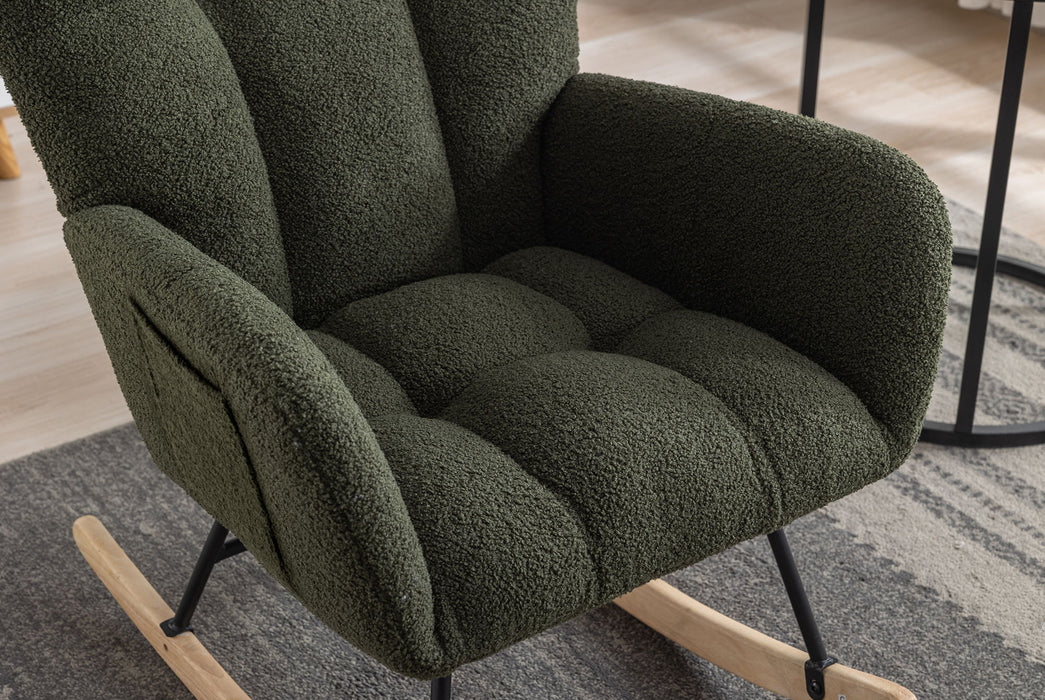 30.3" Rocking Chair With Pocket, Soft Teddy Fabric Rocking Chair For Nursery, Comfy Wingback Glider Rocker With Safe Solid Wood Base For Living Room Bedroom Balcony - Dark Green