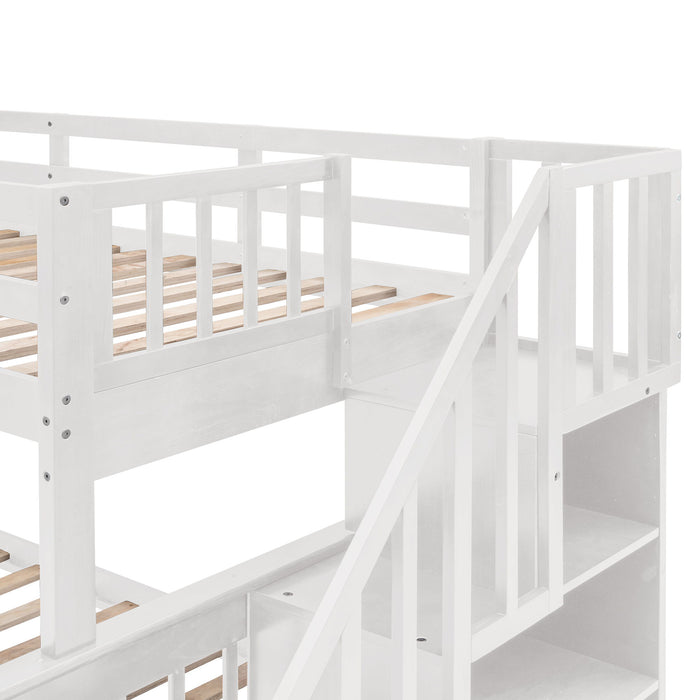 Twin Over Full Stairway Bunk Bed With Drawer, Storage And Guard Rail For Bedroom, Dorm, For Adults