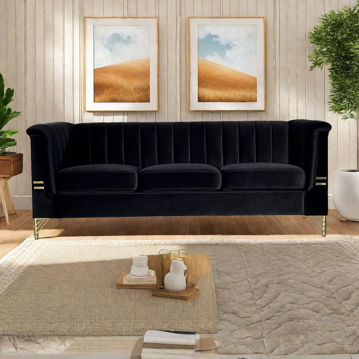 Fx-P82-Bk (Sofa) Modern Sofa Couches For Living Room, Velvet Tight Back Chesterfield Design Couch Upholstered Sofa With Metal Legs Decor Furniture For Bedroom - Black