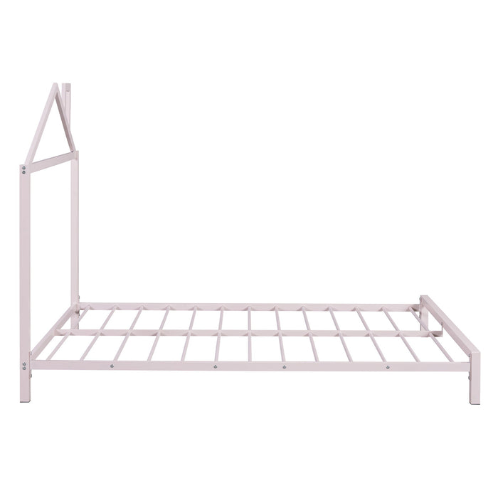 Full Size Metal Platform Bed With House-Shaped Headboard Design