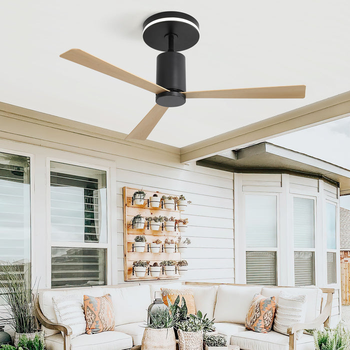 Modern Flush Mount Ceiling Fan With Led Light And Remote Control, 3 ABS Blades Noiseless Reversible Dc Motor For Patio Living Room - Matte Black