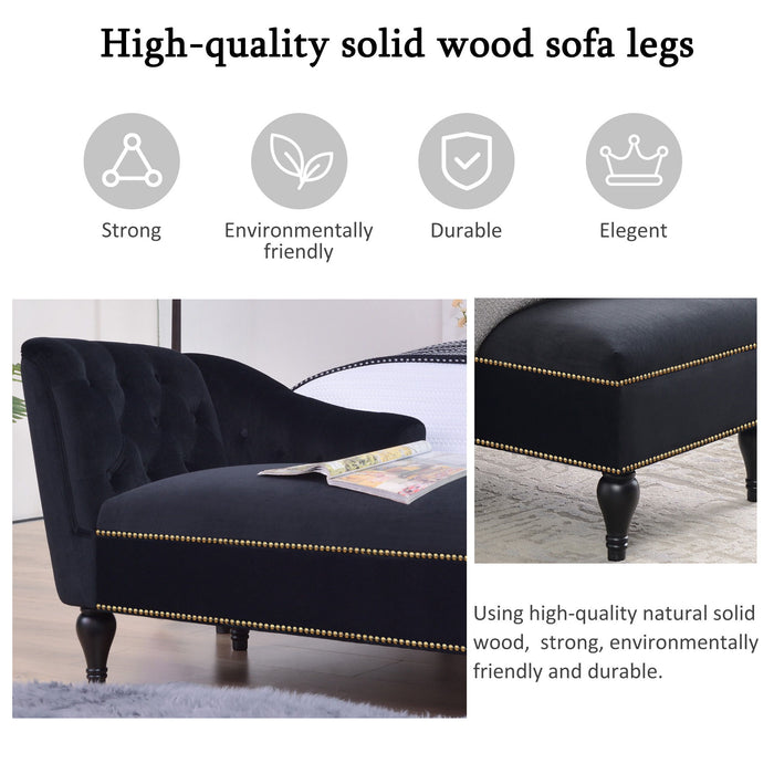 Velvet Chaise Lounge, Button Tufted Right Arm Facing Lounge Chair With Nailhead Trim & Solid Wood Legs For Living Room Or Office, Sleeper Lounge Sofa - Black