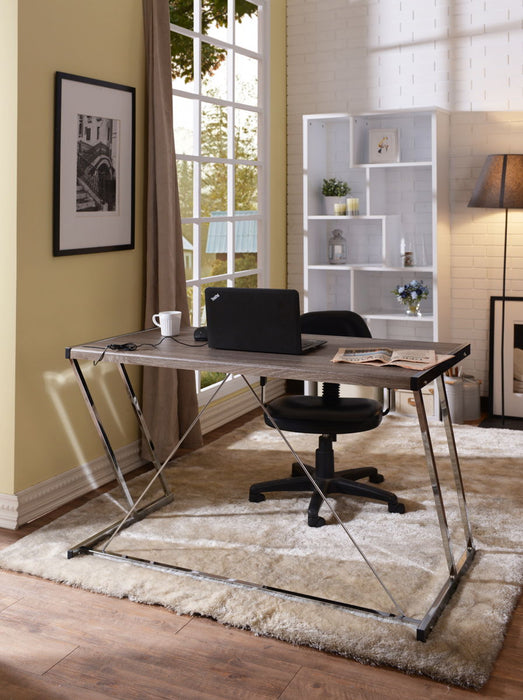 Chrome Writing Desk With Port In USB - Weathered Oak