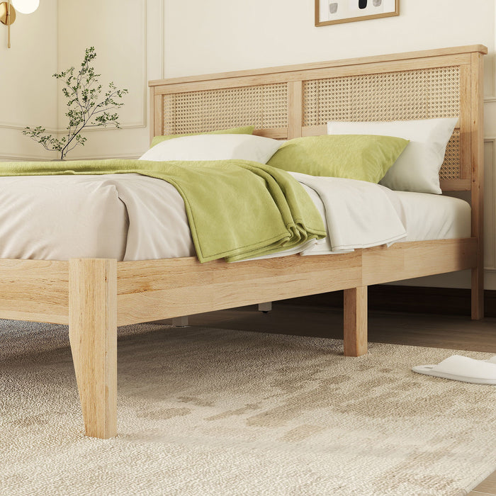 Queen Size Rubber Wooden, Solid Wooden Bed With Rattan Headboard, Enhanced By Support Feet - Natural