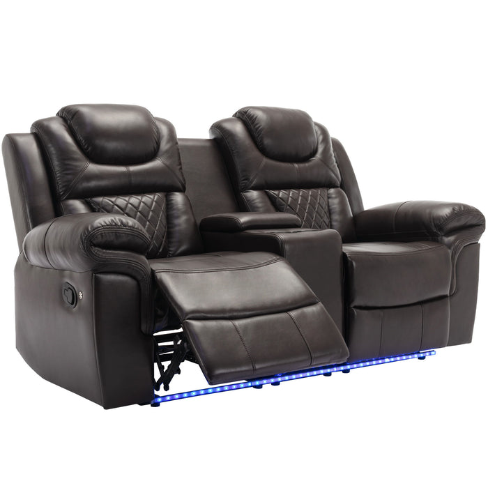 3 Pieces Recliner Sofa Sets Home Theater Seating Manual Recliner Chair With Center Console And Led Light Strip For Living Room