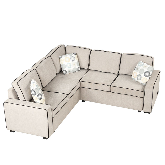 L-Shaped Pull Out Sofa Bed Modern Convertible Sleeper Sofa With 2 USB Ports, 2 Power Sockets And 3 Pillows For Living Room