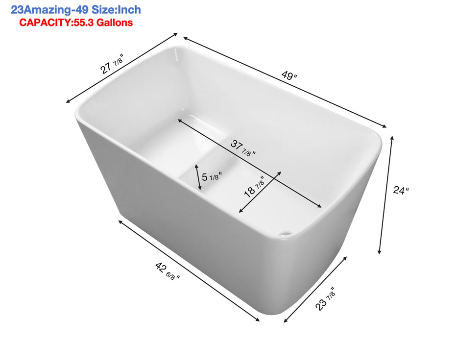 49'' Acrylic Freestanding Soaking Bathtub, Square-Shape Japanese Soaking Hot Tub, Sit-In Design With Chrome Overflow And Drain For Express Delivery 23Amazing-49 (W1920P179228) - Glossy White