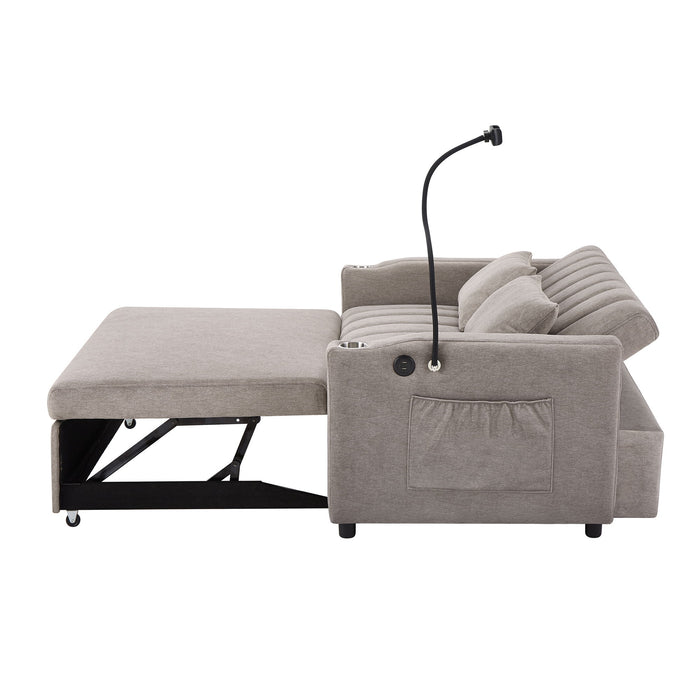 Convertible Sofa Bed Loveseat Sofa With Three USB Ports, Two Side Pockets, Two Cup Holders And 360° swivel Phone Holder For Living Room