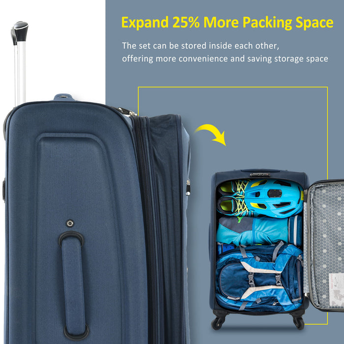 Softside Luggage Expandable 3 Piece Set Suitcase Upright Spinner Softshell Lightweight Luggage Travel Set - Dark Blue