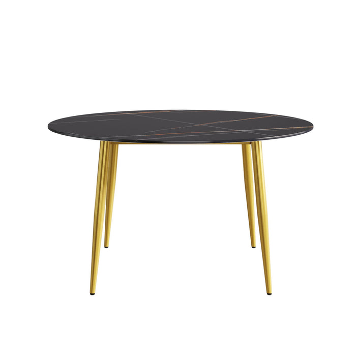 Modern Artificial Stone Round Dining Table With Golden Metal Legs, Can Accommodate 6 People - Black