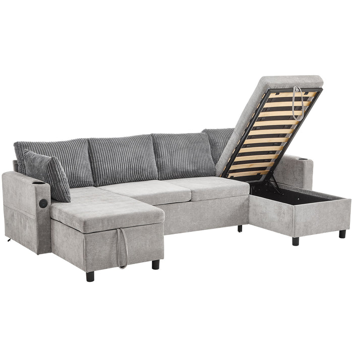 Sectional Sofa Pull Out Sofa Bed Versatile Sofa Sleeper With Large Storage Space, Two USB Ports And Two Cup Holders For Living Room