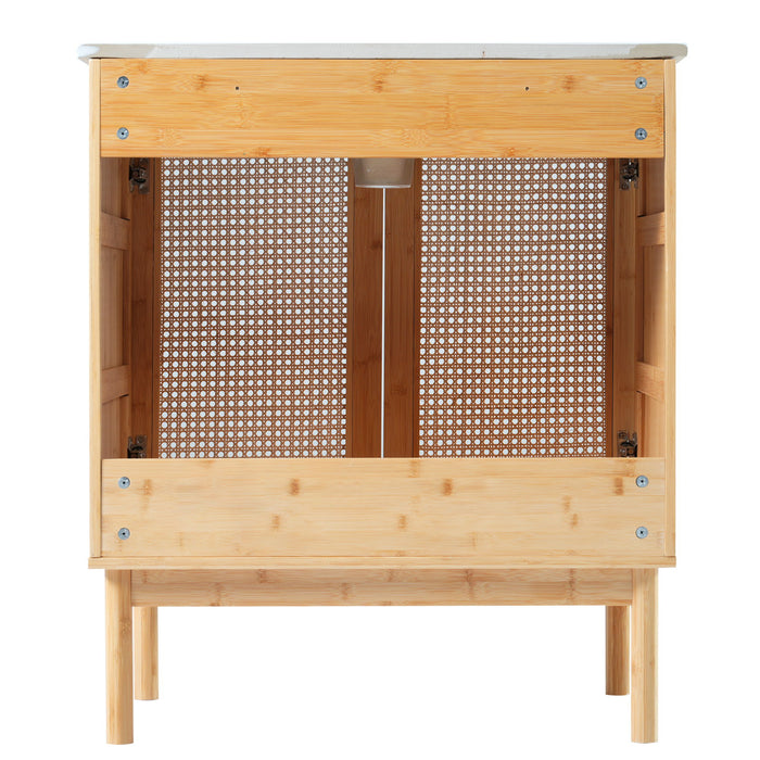 Bathroom Vanity Crafted From Natural Materials, Featuring Handmade Rattan Doors And Soft-Closing Mechanisms - Light Brown