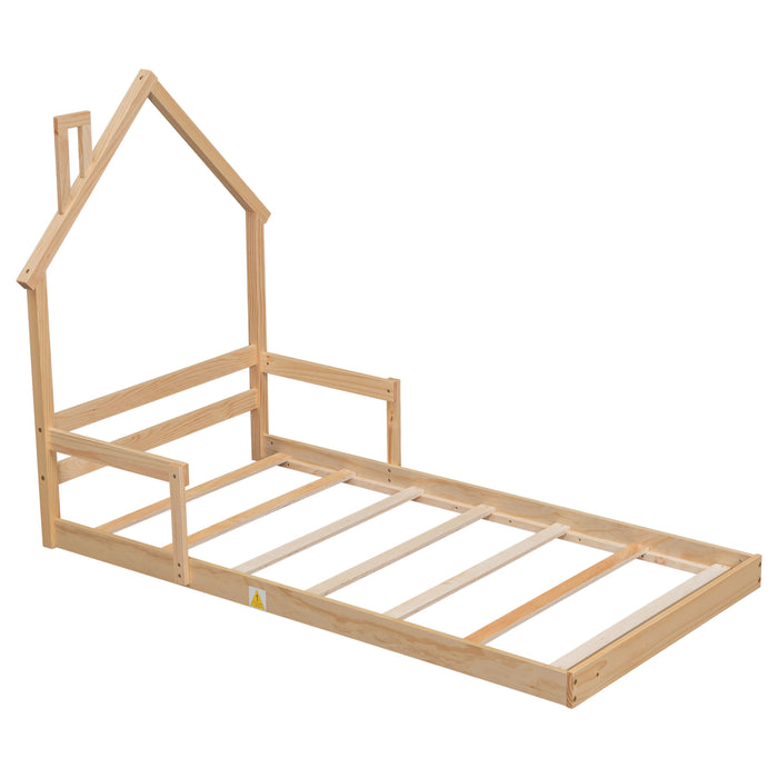 Twin House-Shaped Headboard Floor Bed With Handrails, Slats