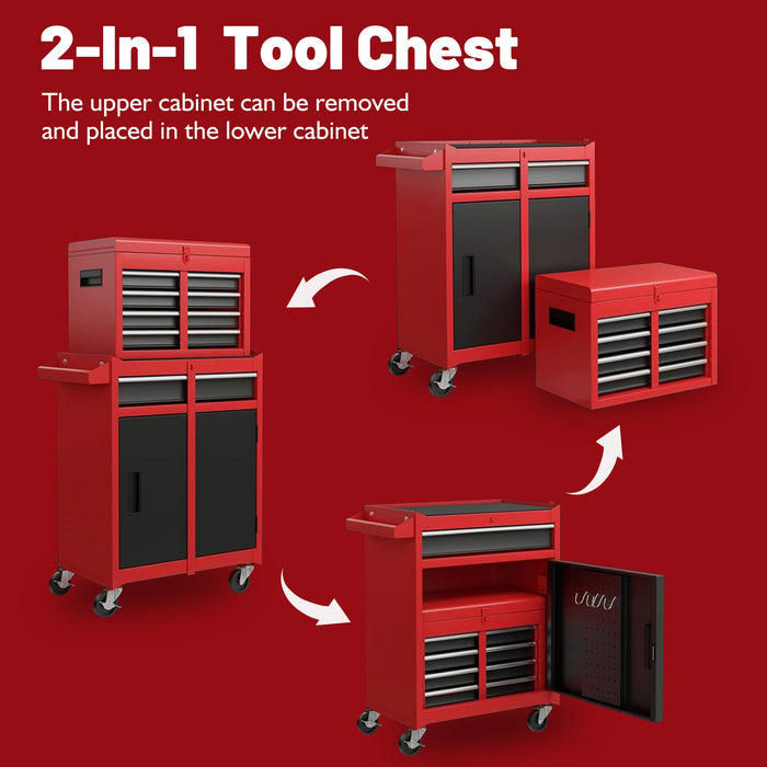 Tool Chest, 5 Drawer Rolling Tool Storage Cabinet With Detachable Top Tool Box, Liner, Universal Lockable Wheels, Adjustable Shelf, Locking Mechanism, Metal Tool Cart For Garage Workshop