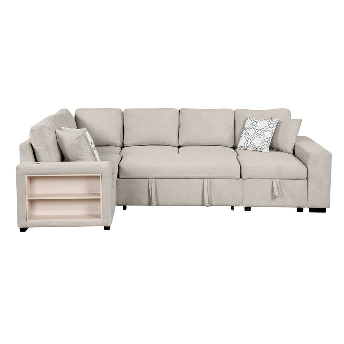 U-Shaped Sectional Sofa Pull-Out Sofa Bed With Two USB Ports, A Storage Chaise Lounge And Four Back Pillows For Living Room