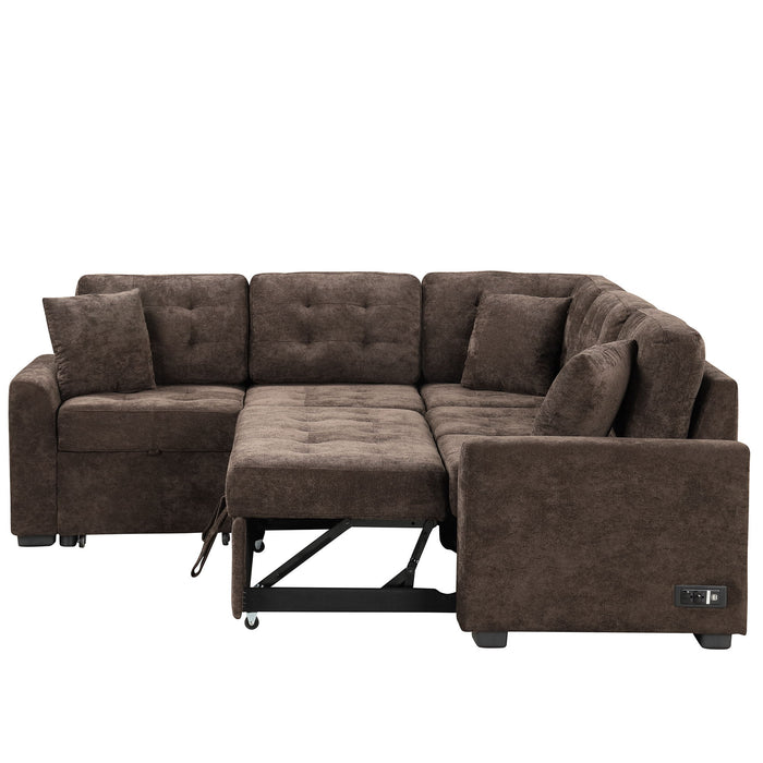 L-Shape Sofa Bed Pull-Out Sleeper Sofa With Wheels, USB Ports, Power Sockets For Living Room