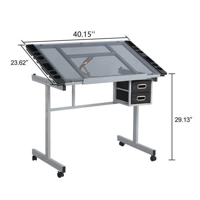 Adjustable Art Drawing Desk Craft Station Drafting With 2 Non-Woven Fabric Slide Drawers And 4 Wheels - Silver