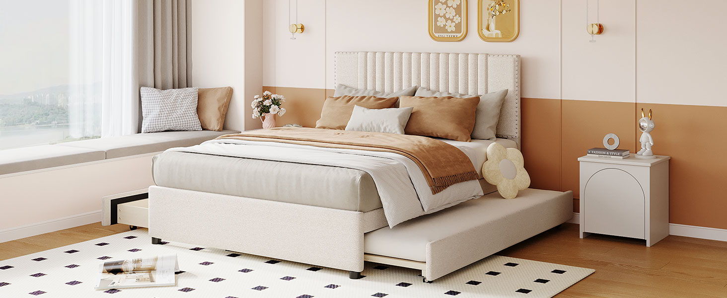 Upholstered Platform Bed With 2 Drawers And 1 Trundle, Classic Headboard Design