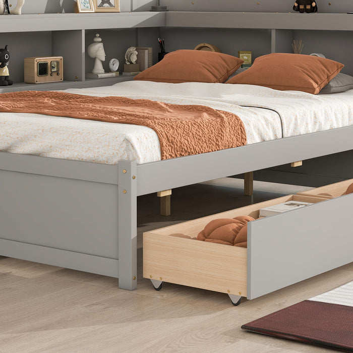 Full Bed With L-Shaped Bookcases, Drawers - Gray