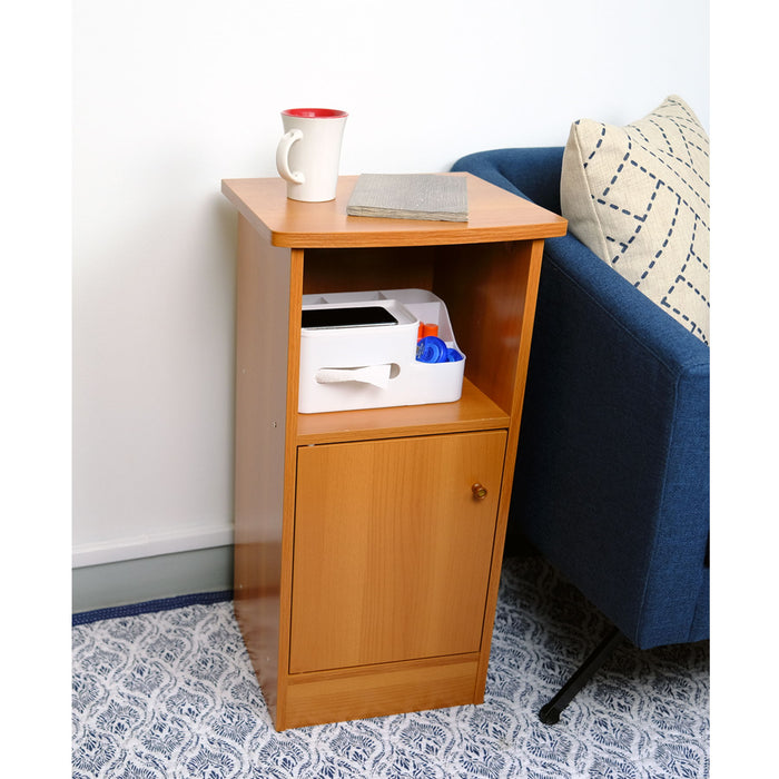 Chairside Table With One Door Storage Cabinet And Large Cubby Shelf - Light Brown