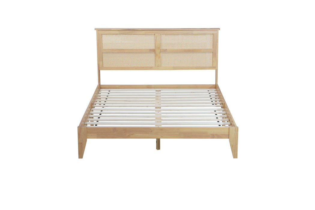 Queen Size Rubber Wooden, Solid Wooden Bed With Rattan Headboard, Enhanced By Support Feet - Natural