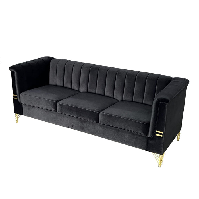 Fx-P82-Bk (Sofa) Modern Sofa Couches For Living Room, Velvet Tight Back Chesterfield Design Couch Upholstered Sofa With Metal Legs Decor Furniture For Bedroom - Black