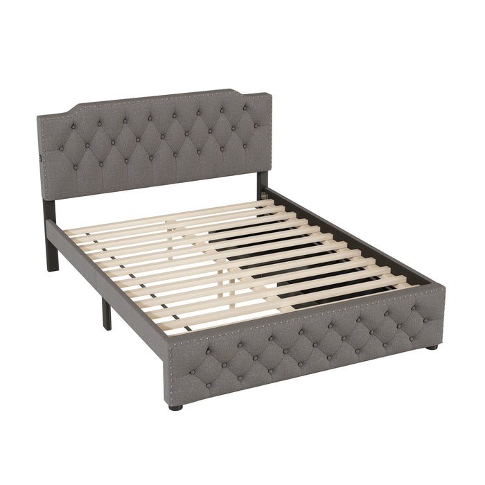 Upholstered Platform Bed With 2 Drawers And 2 Sets Of USB Ports On Each Side, Linen Fabric