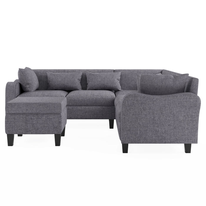 Modern Sectional Sofa With Coffee Table, 6 Seat Couch Set With Storage Ottoman, Various Combinations, L-Shape Indoor Furniture With Unique Armrests For Living Room (6 Pillows)