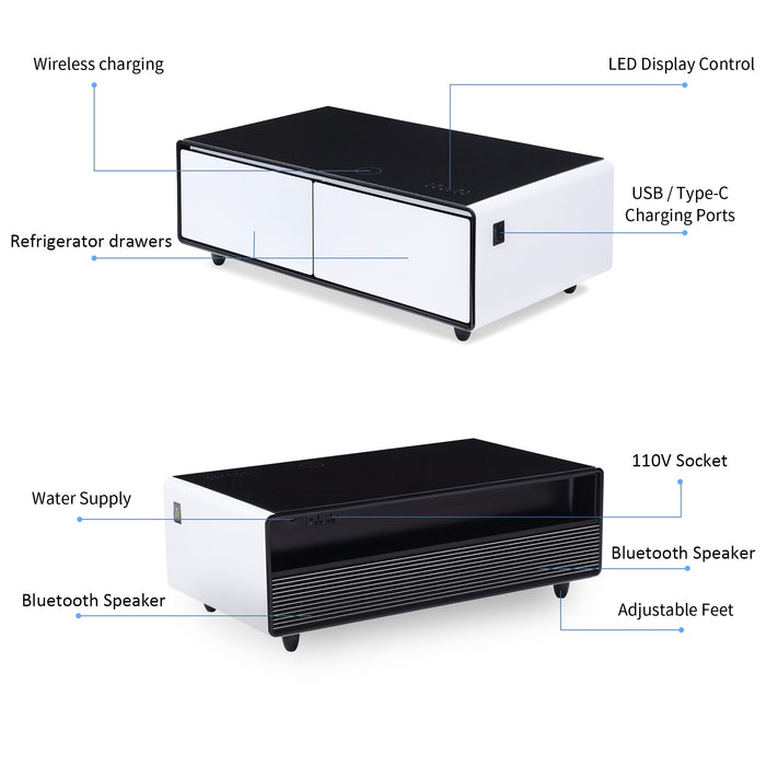 Modern Smart Coffee Table With Built-In Fridge, Bluetooth Speaker, Wireless Charging Module, Touch Control Panel, Power Socket, USB Interface, Outlet Protection, Atmosphere Light