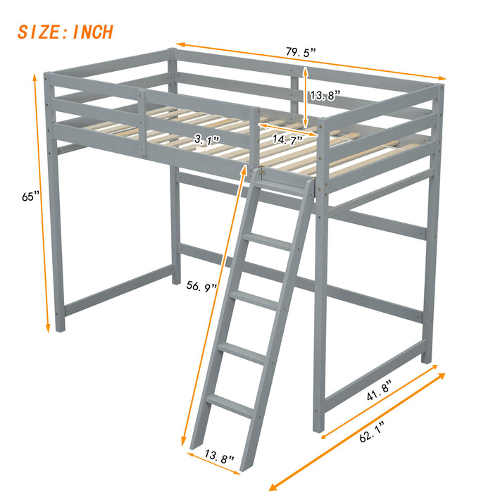 High Loft Bed With Inclined Ladder, Guardrails