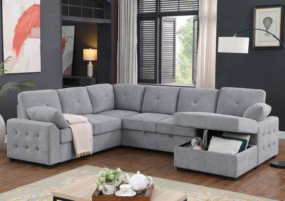 Nyhan - Upholstered Corner Sectional With Pull Out Loveseat And Storaged Chaise - Light Gray